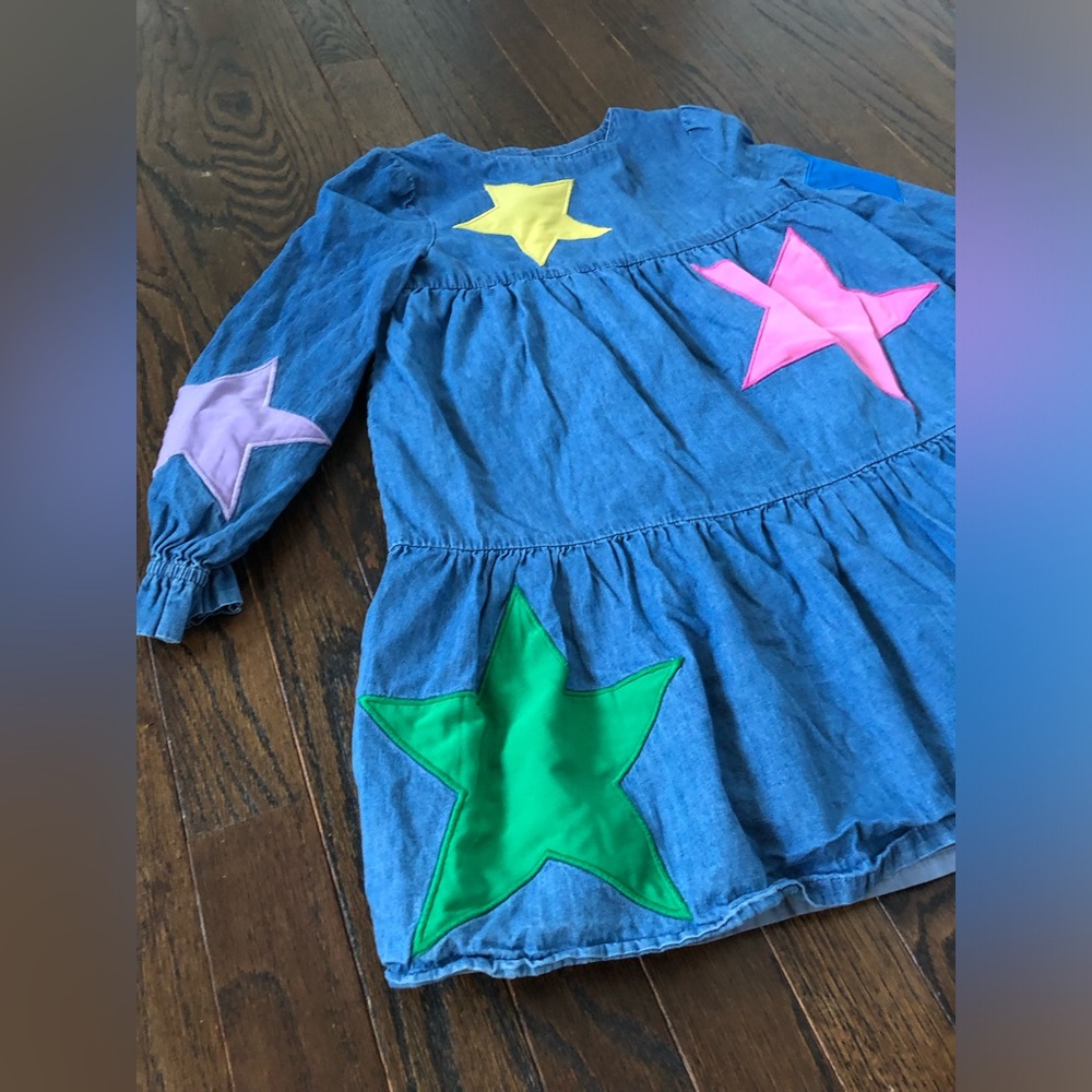 Mini Boden Girls 7-8 Denim Long-Sleeved A-Line Knee-Length Star Applique Dress - Picture 4 of 13